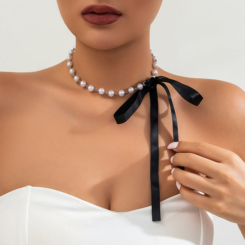 Elegant Pearl Bow Knot Choker Necklace Long Ribbon