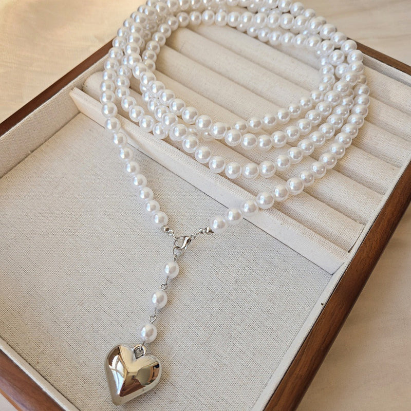 Bohemia Multilayer Long Pearl Chain Necklace Love Heart Pendant