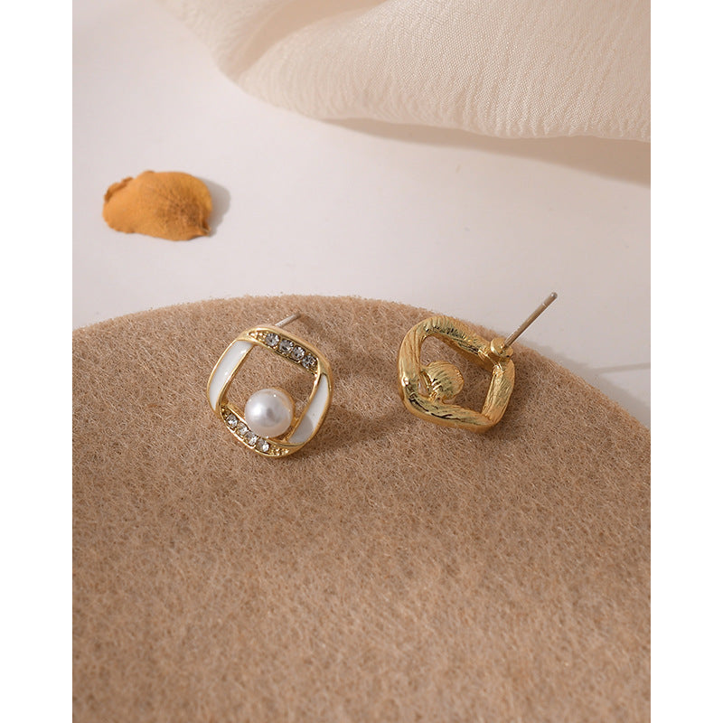 Geometry Hollow Rhinestone Pearl Stud Earrings