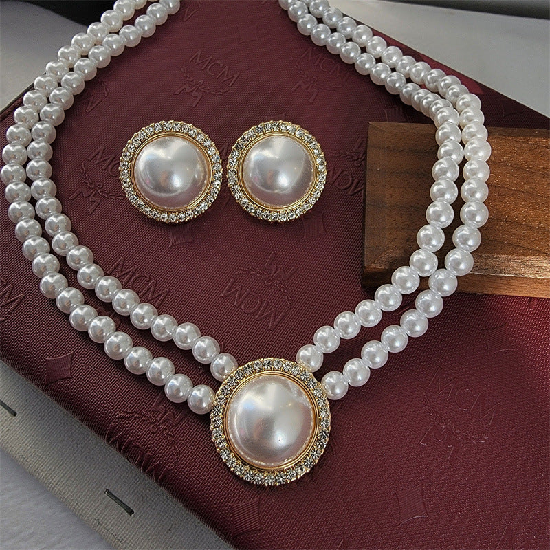 Vintage Bridal Pearl Stud Earrings Ring Pearl Beaded Rhinestone Choker Necklace Jewelry Set