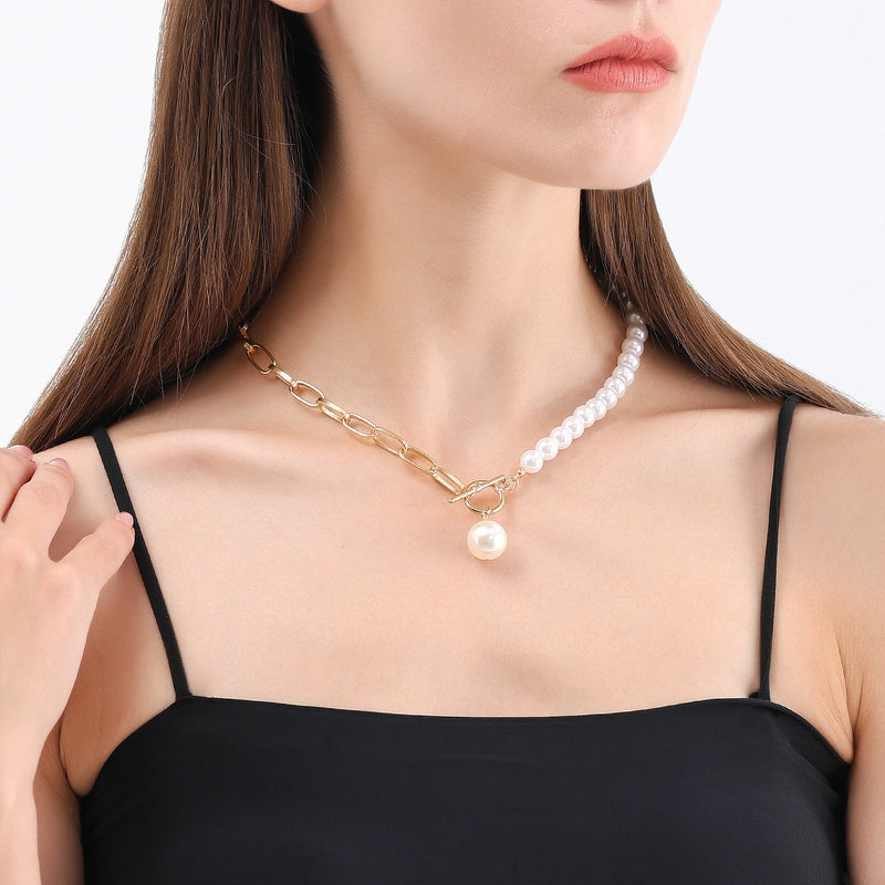 Pearl Necklace Sweater Gold Chain with Toggle Clasp
