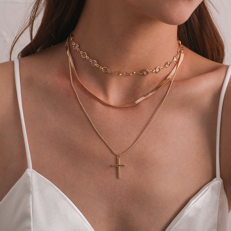 Cross Pendant Snake Bone Chain Necklace for Women