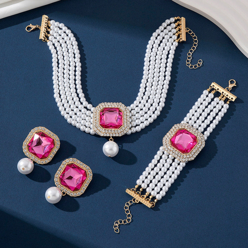 Exaggerated Bride Jewelry Women's Imitation Pearl Necklace Earrings Set