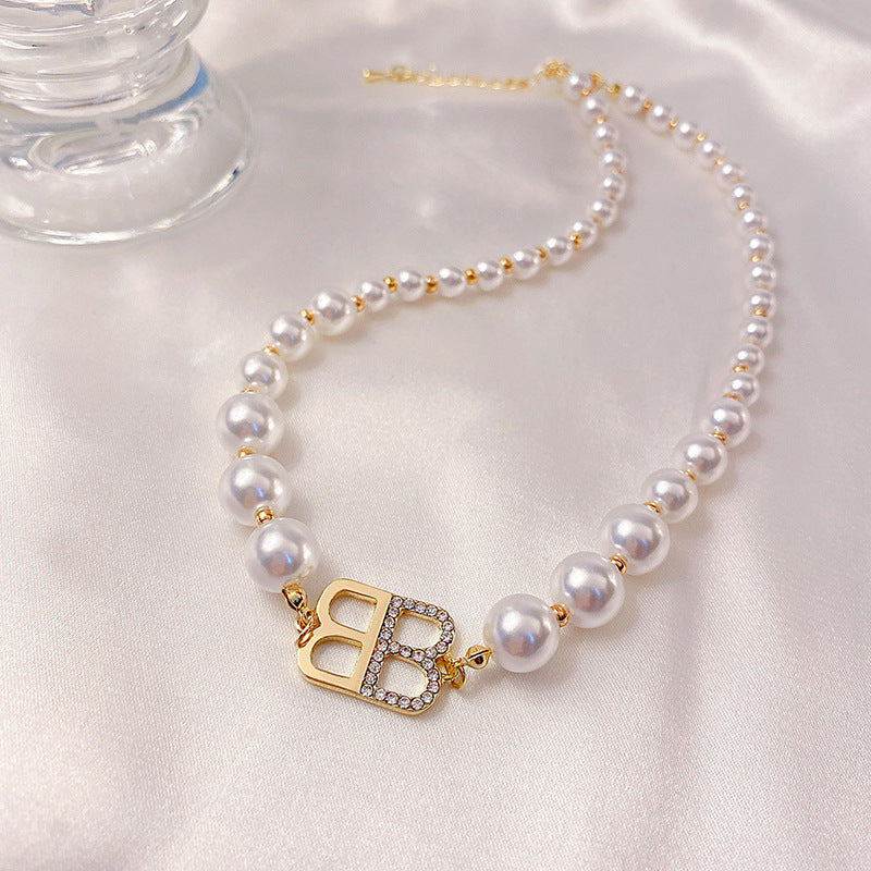 Fashion Imitation Pearl Beads Chain Letter B Pendant Necklace