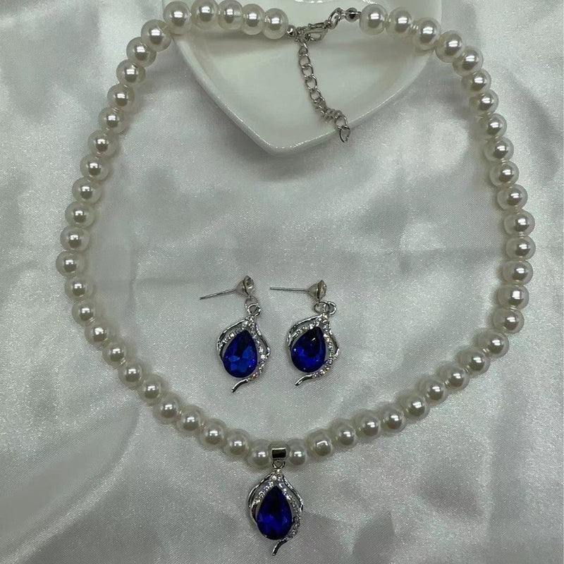 Blue RhineStone Pendant Pearl Beaded Necklace Jewelry Set