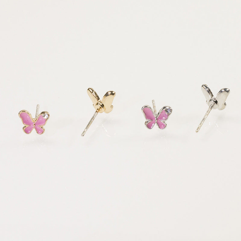 Enamel Pink Butterfly Stud Earrings