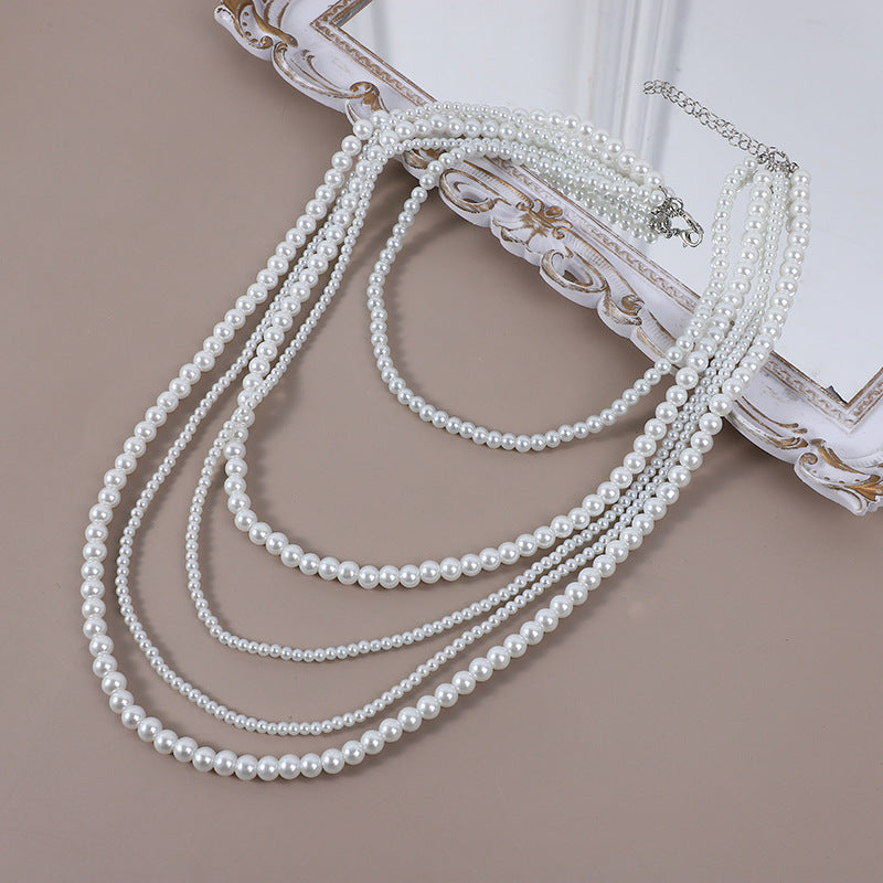 Beaded Pearl Strand Layered Long Fashion Jewelry Necklace