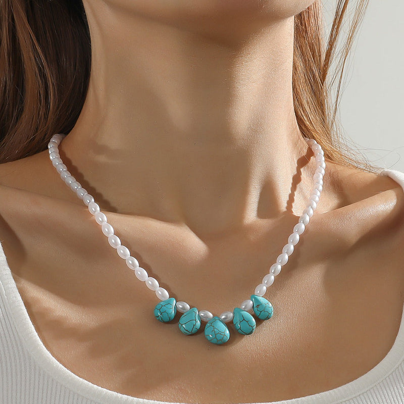 Bohemian Holiday Style Water Drop Turquoise Pendant Pearl Necklace