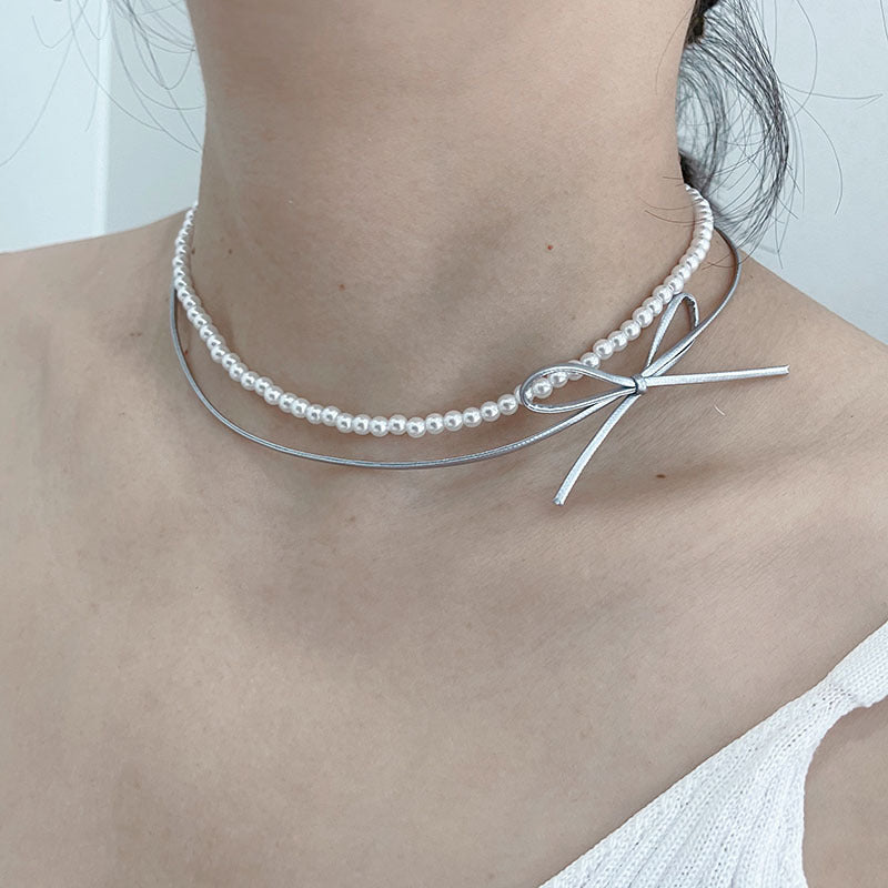 Beaded BowKnot Necklace Lovely Pearl Chokers Necklace