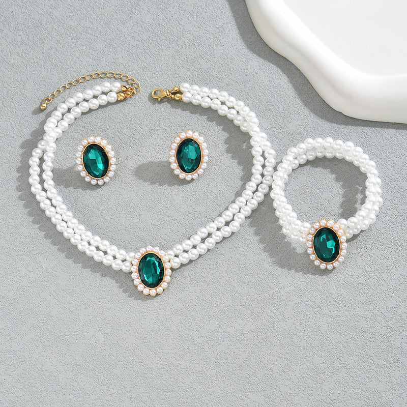 Multi Layer Pearl Chain Choker Necklace Bracelet Earring Set