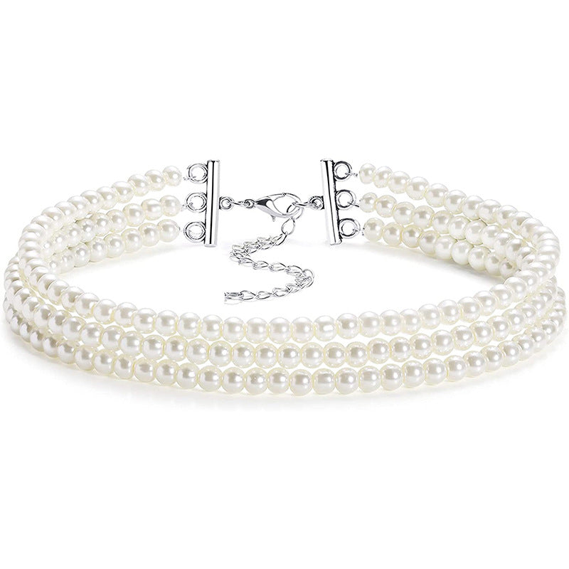 Bridal White Glass Pearl Multi-Strand Choker Necklace