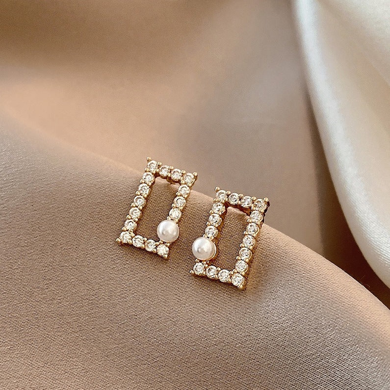 Rhinestone square Pearl Earrings