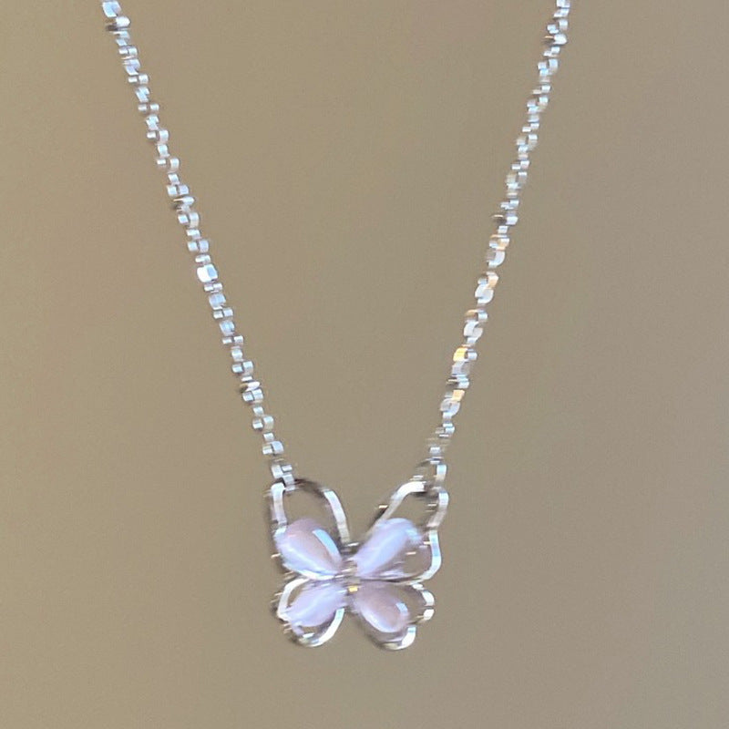 Strawberry Crystal Hollow Butterfly Pendant Necklace