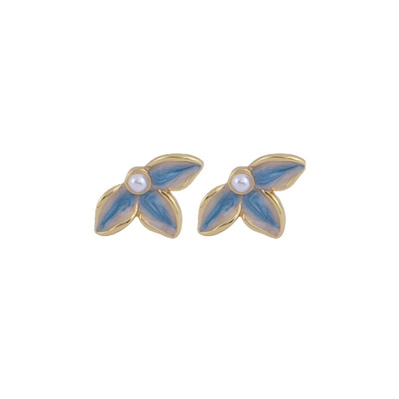 Elegant Blue Tone Enamel Daisy Faux Pearl Stud Earrings