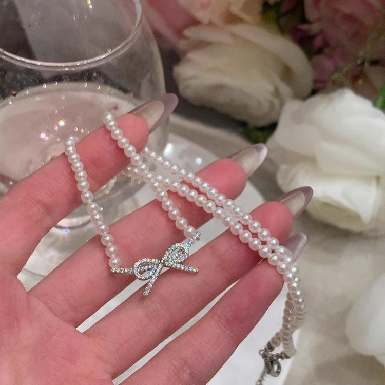 Pearl Chain Choker Necklace for Women Mini Bowknot