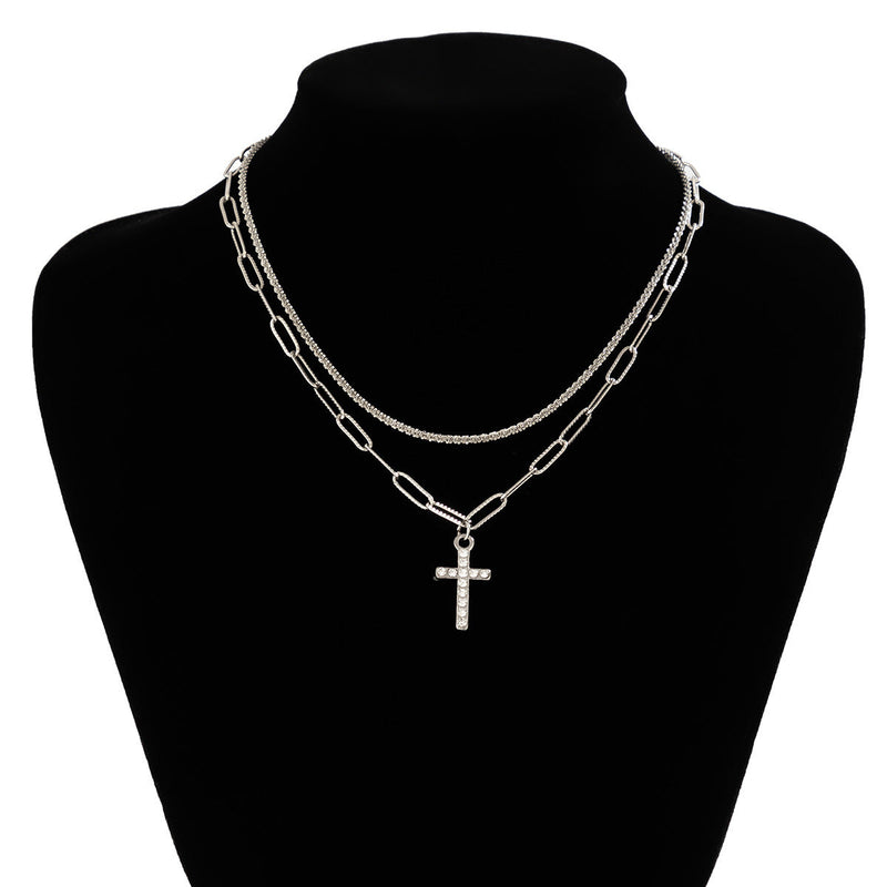 Retro Rhinestone Cross Pendant Multi-layer Chain Necklace Jewelry