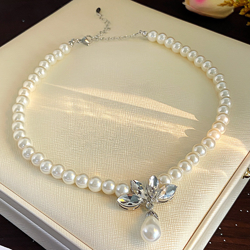 Crystal Stone Petal Pearl Pendant Necklace