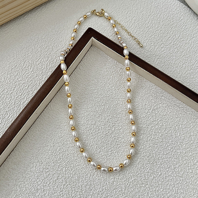 Women White Pearl Beaded Choker Necklace Lady Oval Necklaces