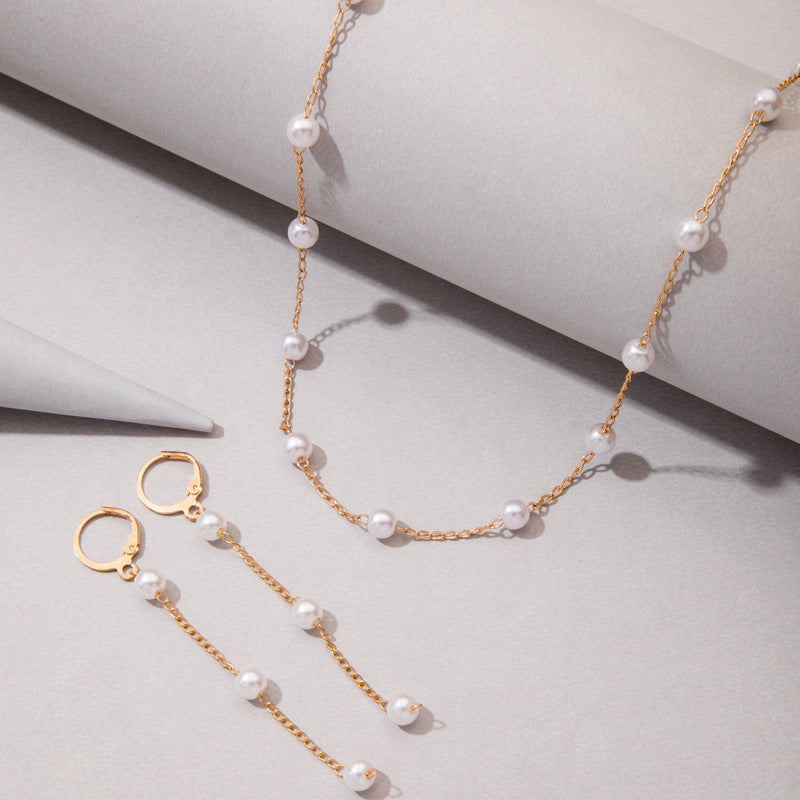 Women Pearl Beads Chain Choker Necklace Jewelry Set