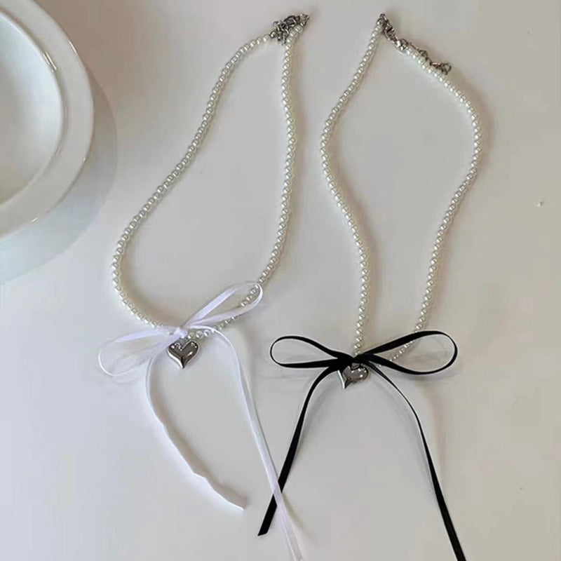 Heart Pendant White Imitation Pearl Bow Ribbon Choker Necklace