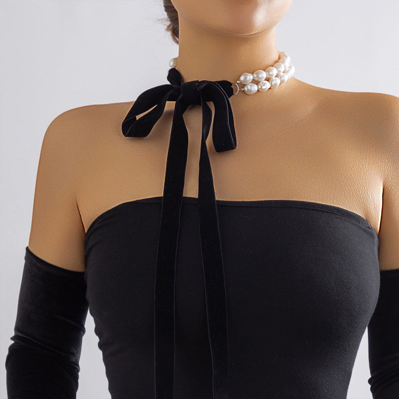 Lace up Velvet Long Pearl Necklace for Women