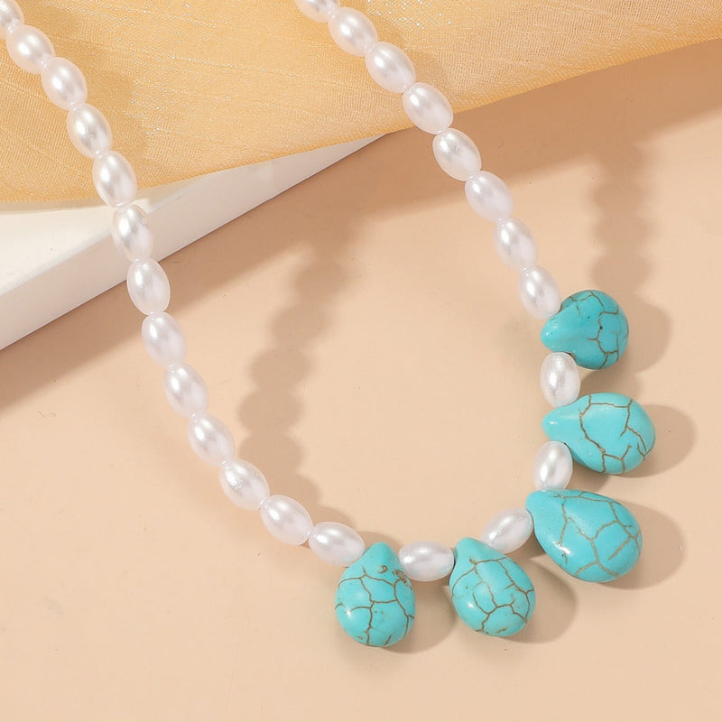 Bohemian Holiday Style Water Drop Turquoise Pendant Pearl Necklace