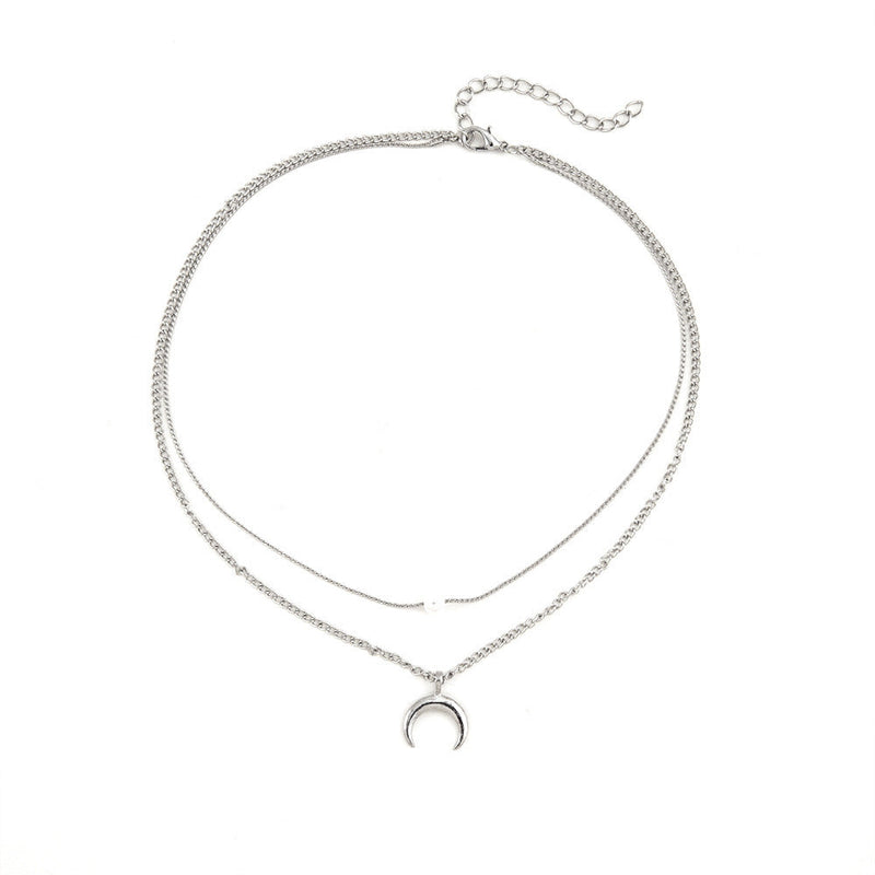 Double Layer Crescent Pearl Pendant Necklace