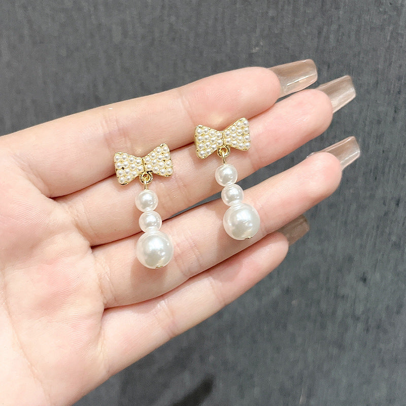Long Tassel Pearl Bow Earrings