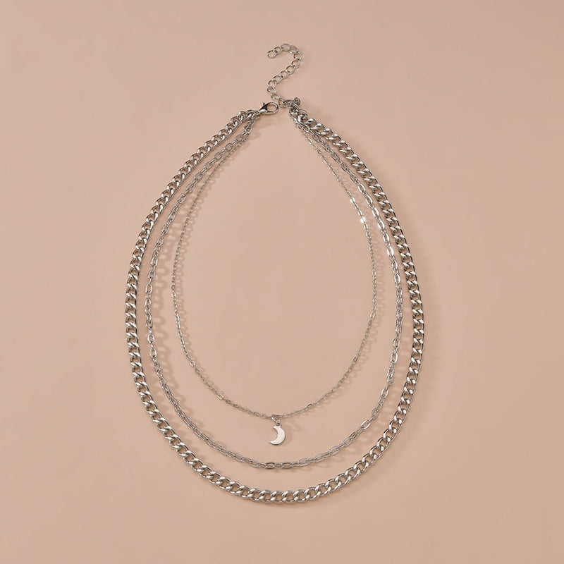 Multi-layered Chain Necklace Crescent Charm