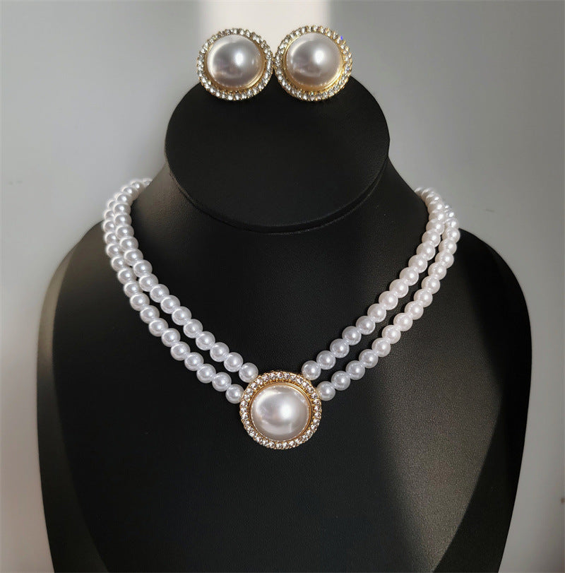 Vintage Bridal Pearl Stud Earrings Ring Pearl Beaded Rhinestone Choker Necklace Jewelry Set