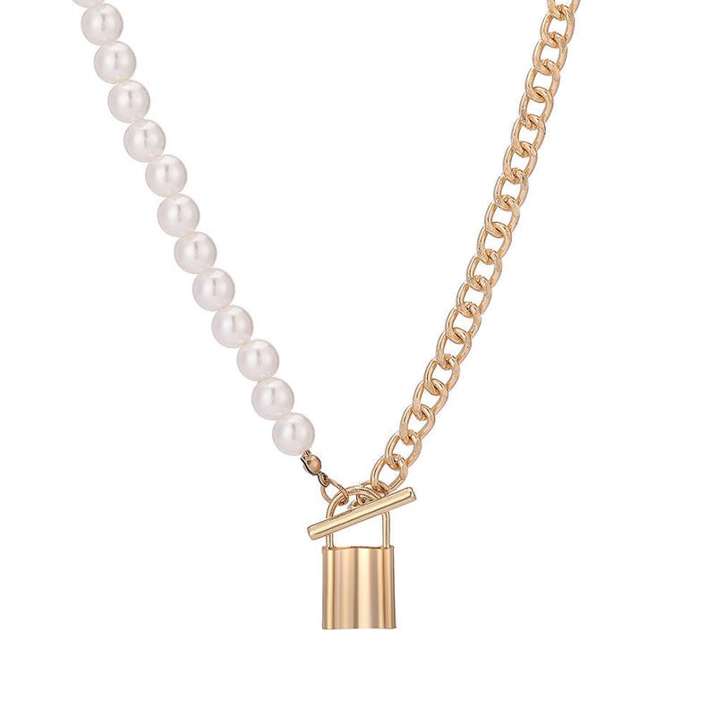 Pearl Chain Bead Link Lock Pendant Necklace