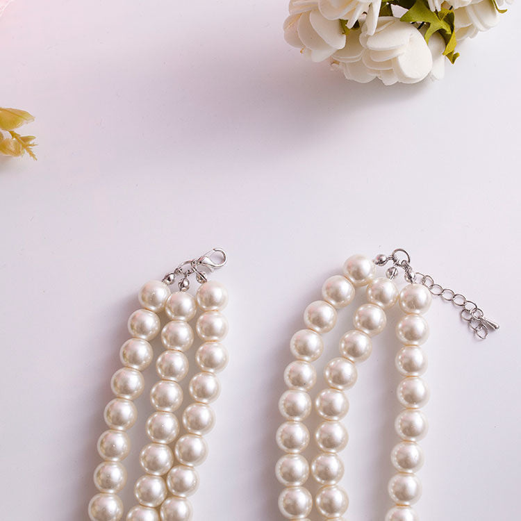 White Pearl Layered Necklace Multi Strand Beaded Pearl Necklace
