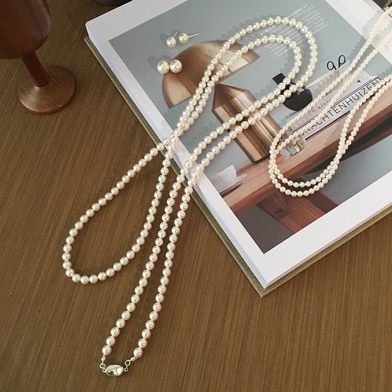 Women Sweater Chain Necklace French Fashion Long Pearl Beads Neckalce Set