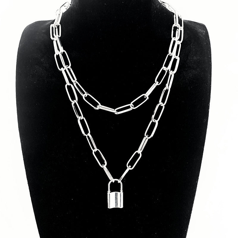 Punk Double Layer Lock Chain Necklace Padlock Pendant for Women