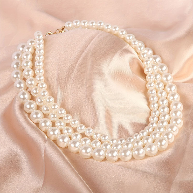 Elegant Synthetic Pearl Triple Multi Layer Choker Necklace