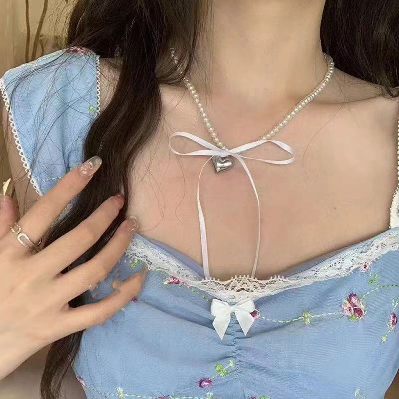 Heart Pendant White Imitation Pearl Bow Ribbon Choker Necklace
