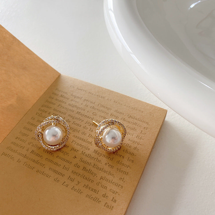 Round Crystal Rhinestone Pearl Stud Earrings