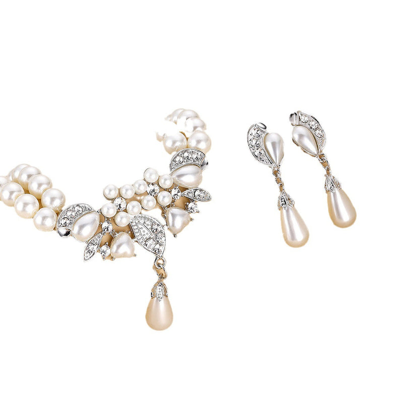Pearl Crystal Necklace Drop Earrings Jewelry Set