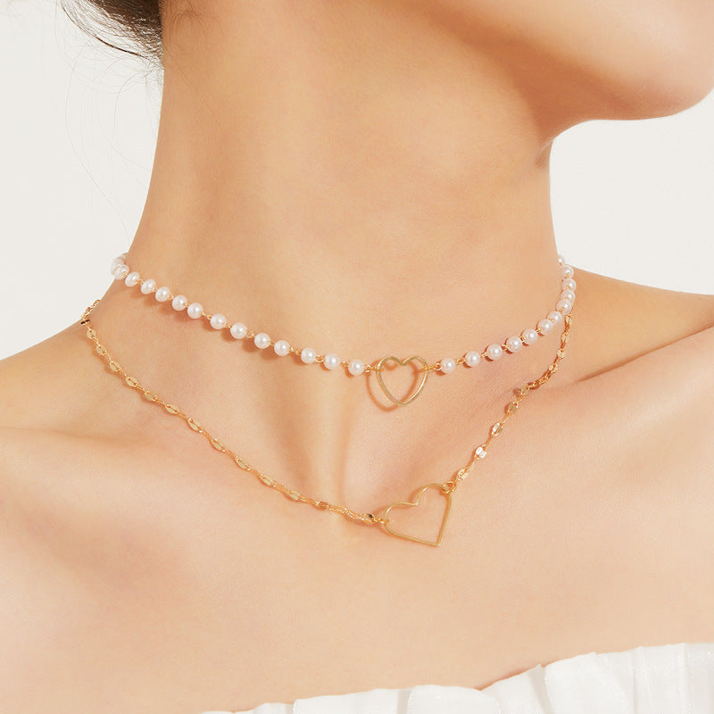Love Heart Baroque Pearl Necklace Double Layer