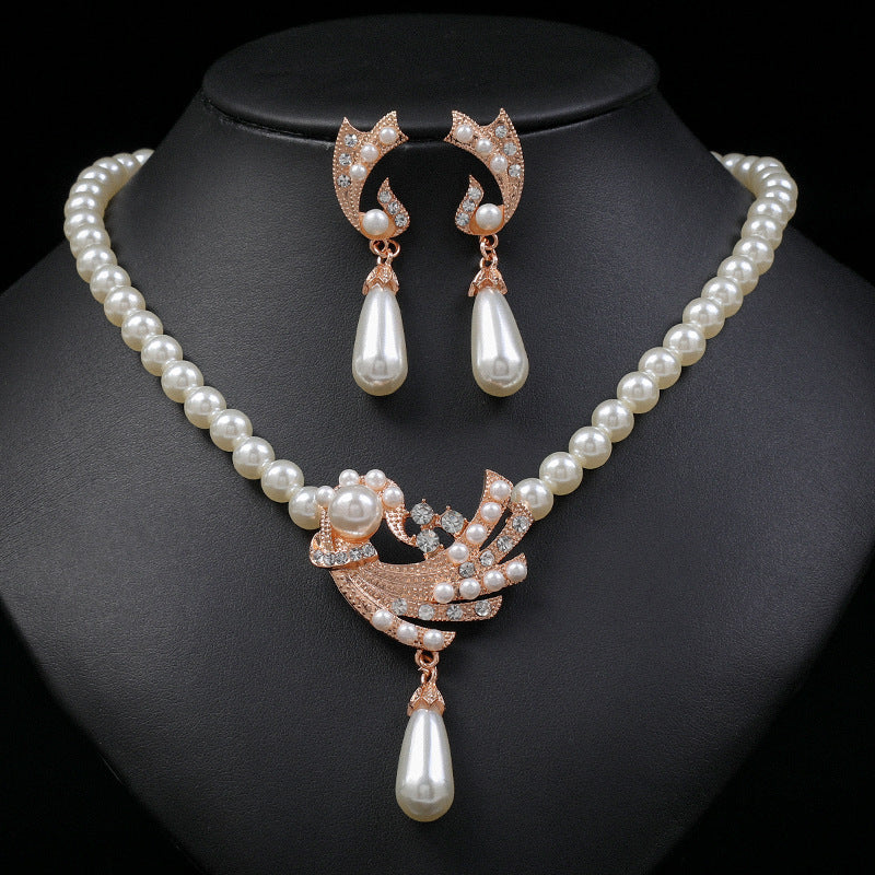 Pearl Necklace Earrings Set Bridal Fashionable New Alloy Two-piece Jewelry Set