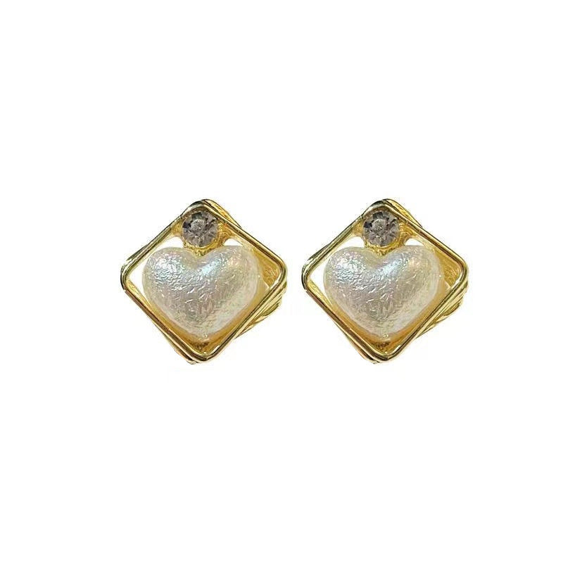 Geometric Rhinestone Pearl Stud Earrings