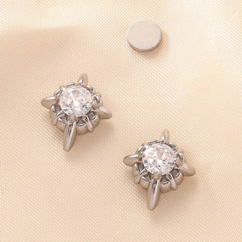 Multicolor Stainless Steel Magnetic 4-Pointed Star CZ Stud Earrings for Men Women, Round Cubic Zirconia Inlaid Magnetic Earrings Non-Piercing Clip On Stud Earring
