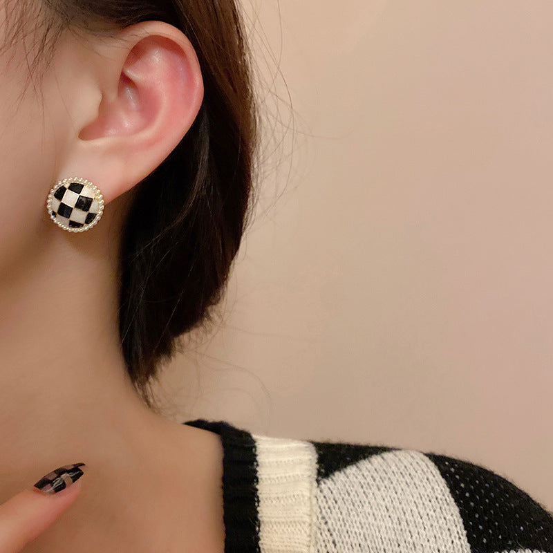 Black White Enamel Checkerboard Stud Earrings