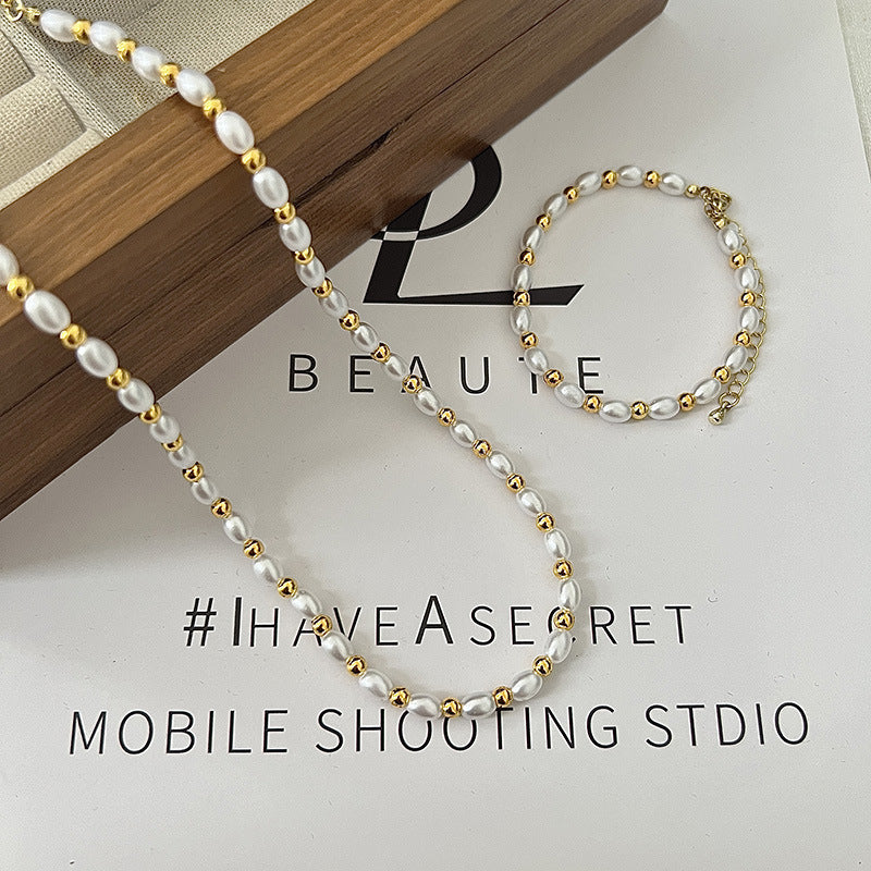 Women White Pearl Beaded Choker Necklace Lady Oval Necklaces