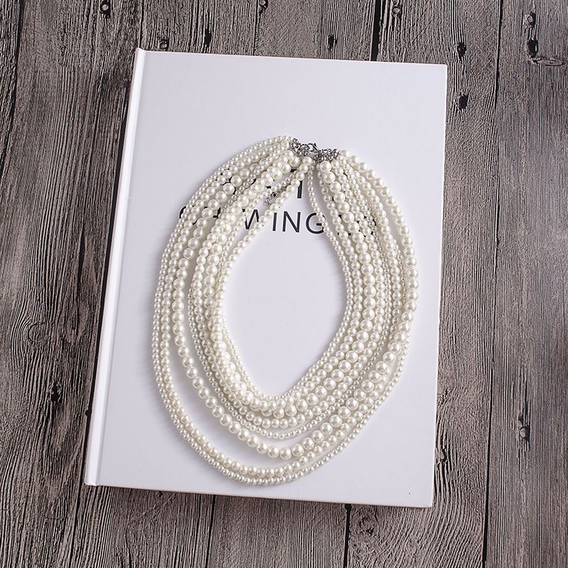 8 Layers Strand Simulated Pearl Strand Bib Necklace Choker Chain Necklace