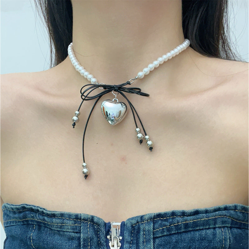 Heart Pendant White Imitation Pearl Bow Ribbon Choker Necklace for Women