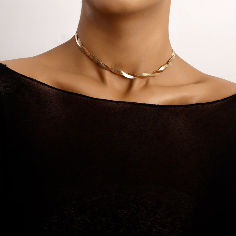 Twisted Double Layer Herringbone Chain Snake Choker Necklace
