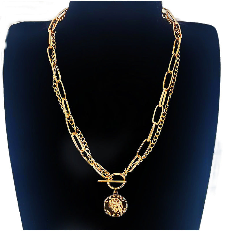 Double Layer Stacked Women Necklace Circular Pendant