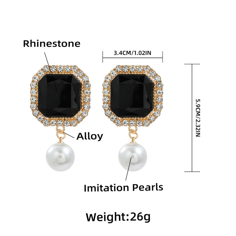Square Rhinestone Simple Pearl Drop Earring
