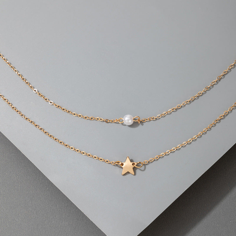 Star Pendant Imitation Pearl Necklace Double Layer